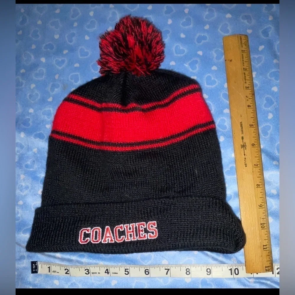 Preloved Sport Tek striped pom-pom beanie, eclectic grandpa reads “COACH”